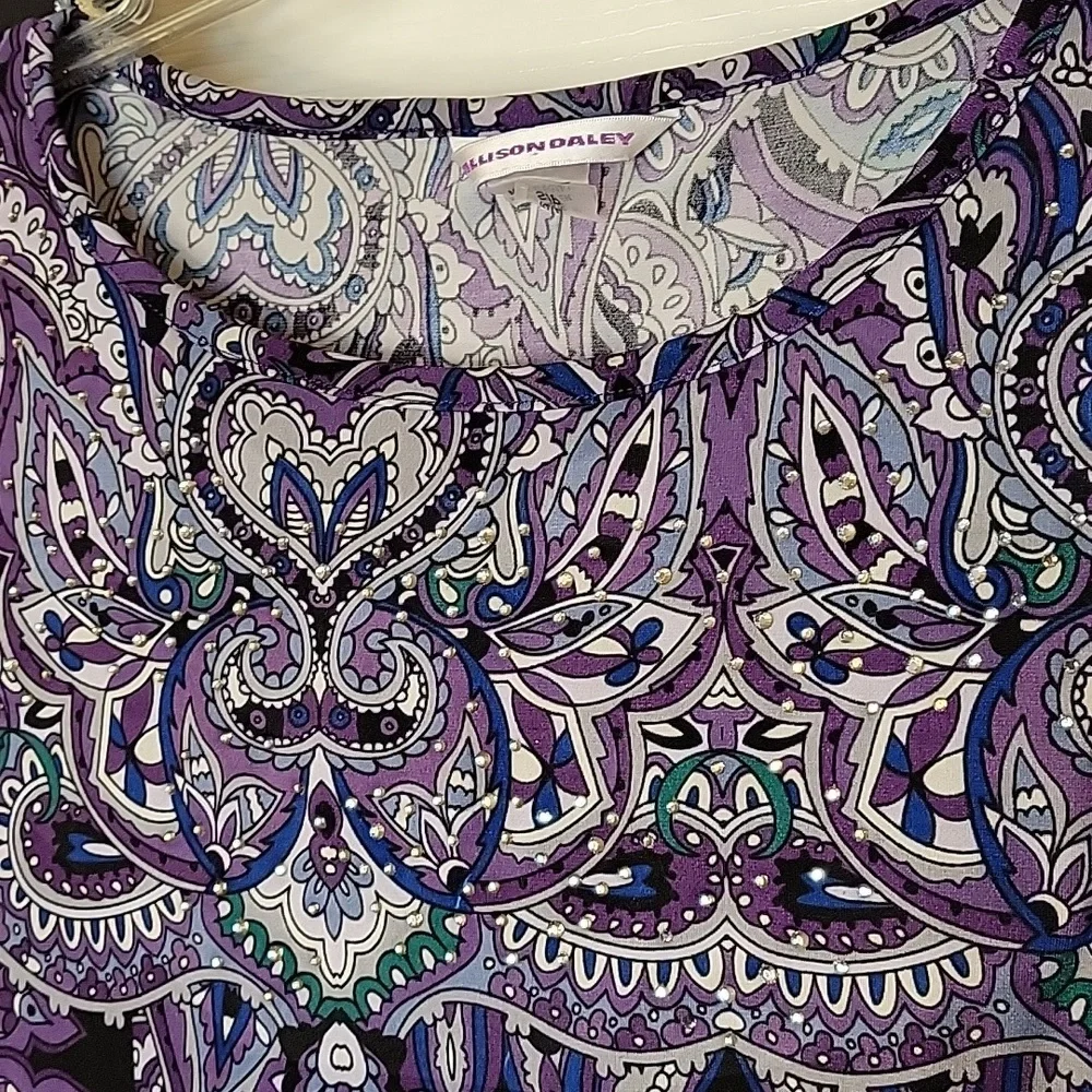 Allison Daley Blouse Small Purple Gray Silver Rhinestones
